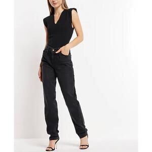 Express Woman Mid Rise Washed Black Pleated Baggy Tapered Jeans, Size 8L